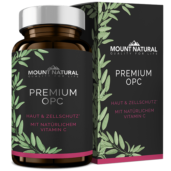 Mount Natural - Premium OPC Haut und Zellschutz mit natürlichem Vitamin C - Produktbild mit Faltschachtel