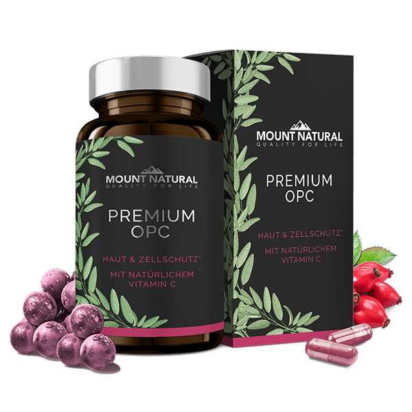 Mount Natural - Premium OPC Haut und Zellschutz mit natürlichem Vitamin C - Produktbild mit Faltschachtel und Zutaten